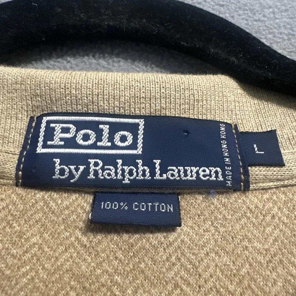 VTG Polo Ralph Lauren Herringbone Polo Shirt L/S Mens L Tan Heritage Old Money